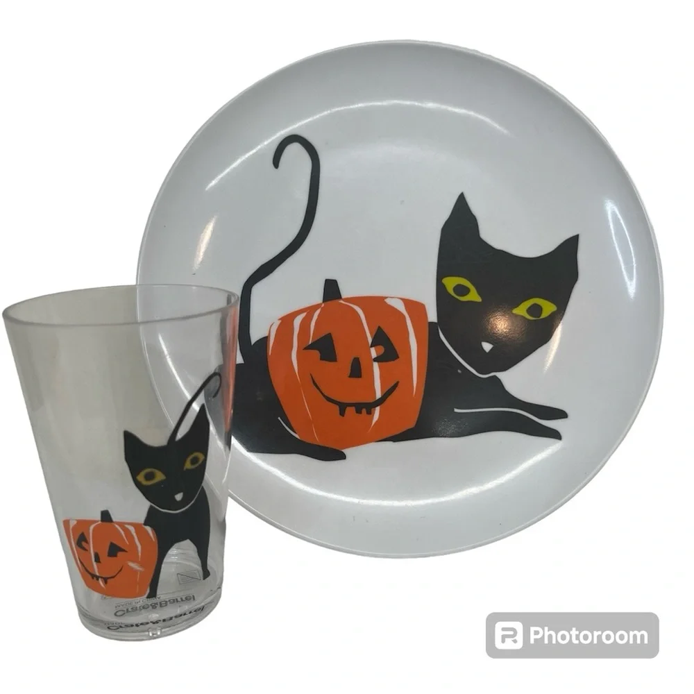 Crate & Barrel Halloween Plate Cup Plastic Cat Jack-O-Lantern